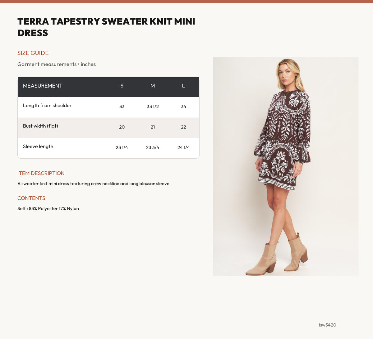 TERRA TAPESTRY SWEATER KNIT MINI DRESS size chart