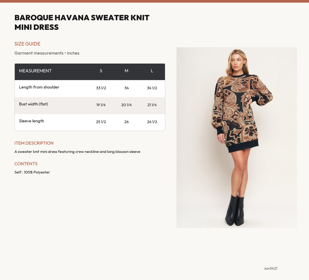 BAROQUE HAVANA SWEATER KNIT MINI DRESS size chart