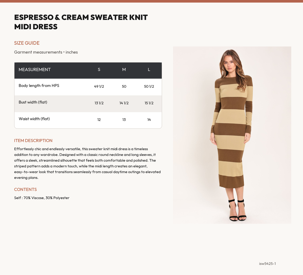 ESPRESSO & CREAM SWEATER KNIT MIDI DRESS size chart