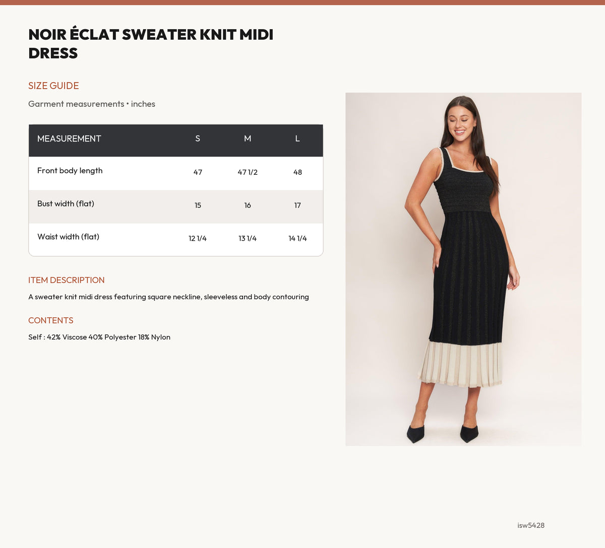 NOIR ÉCLAT SWEATER KNIT MIDI DRESS size chart