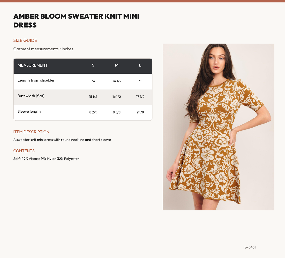 AMBER BLOOM SWEATER KNIT MINI DRESS size chart