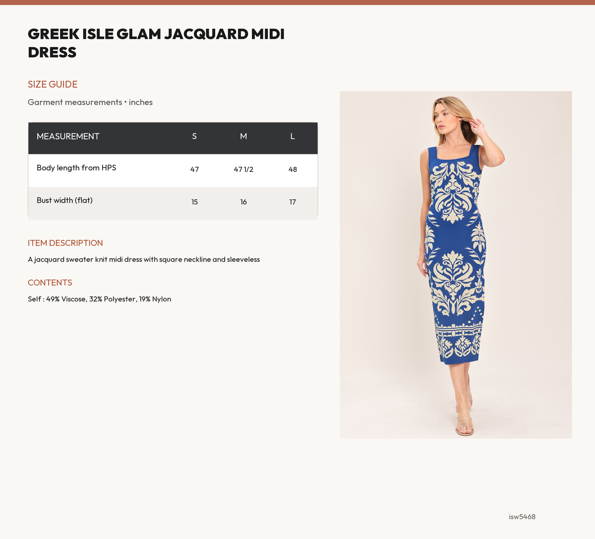 GREEK ISLE GLAM JACQUARD MIDI DRESS size chart