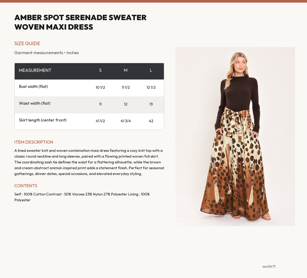 AMBER SPOT SERENADE SWEATER WOVEN MAXI DRESS size chart