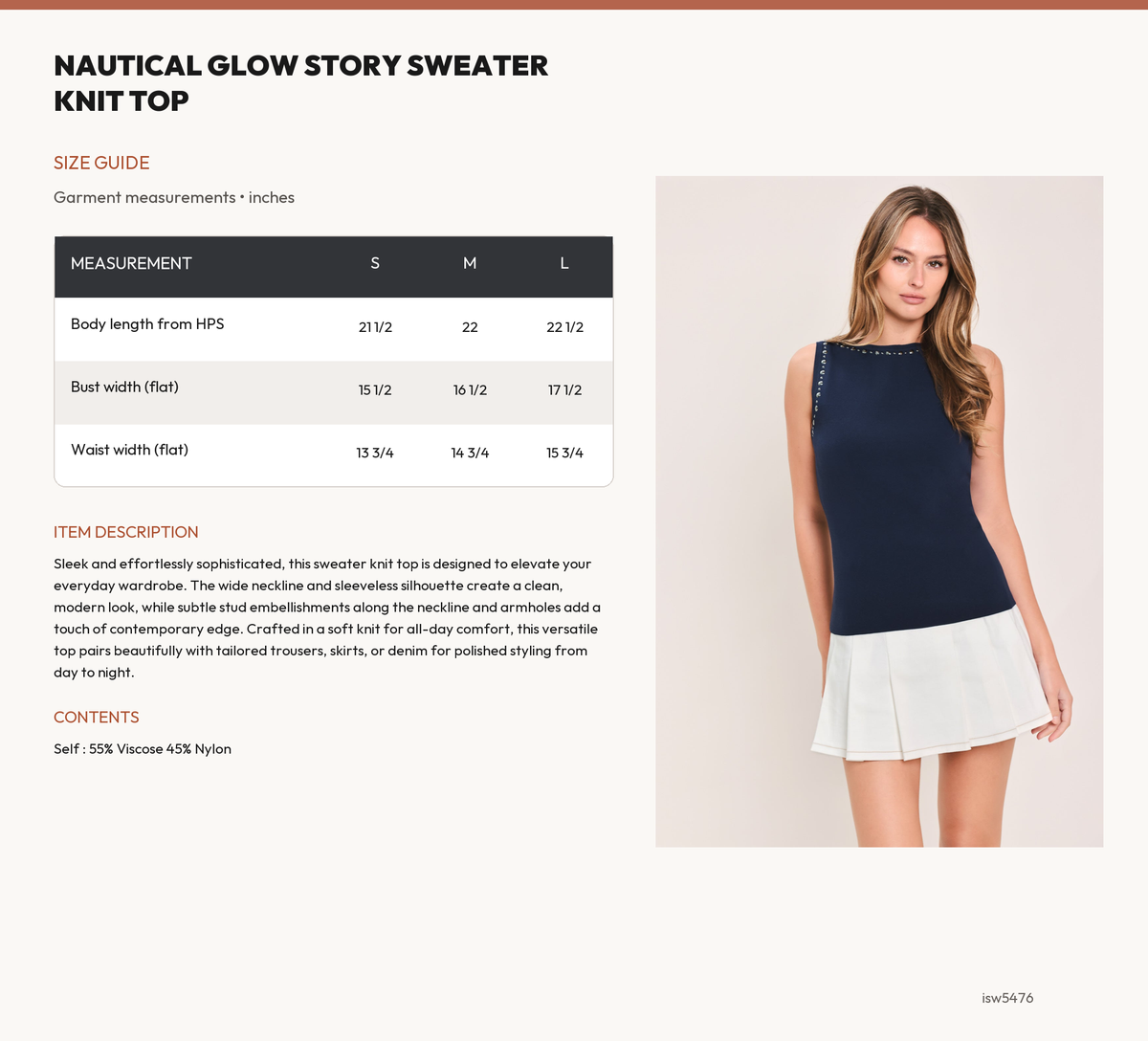NAUTICAL GLOW STORY SWEATER KNIT TOP size chart