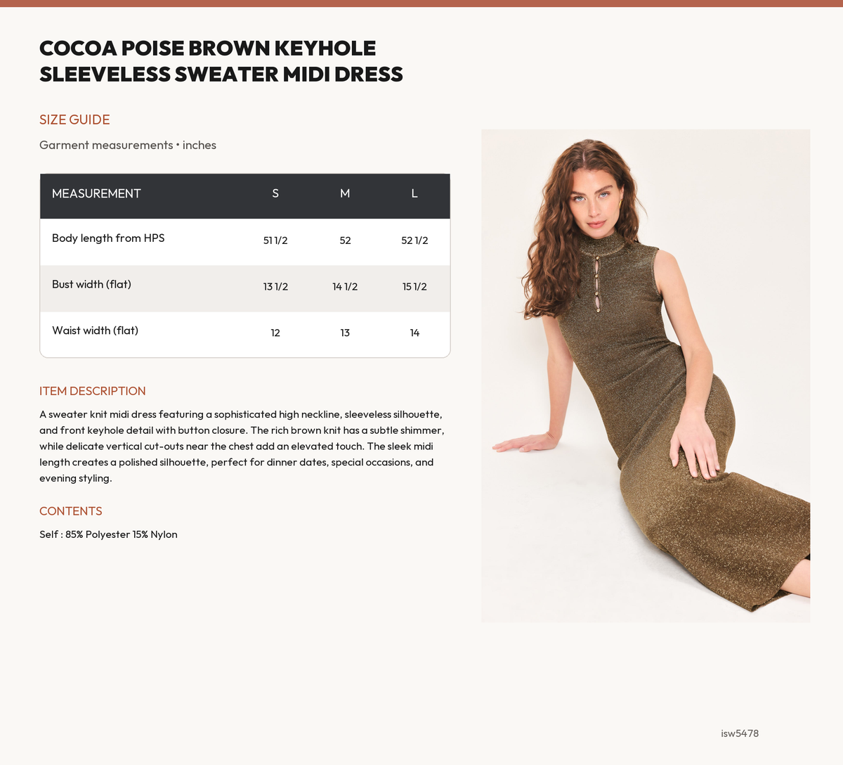 COCOA POISE BROWN KEYHOLE SLEEVELESS SWEATER MIDI DRESS size chart
