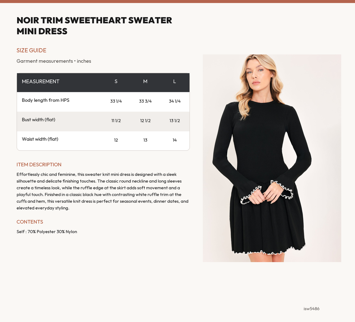 NOIR TRIM SWEETHEART SWEATER MINI DRESS size chart