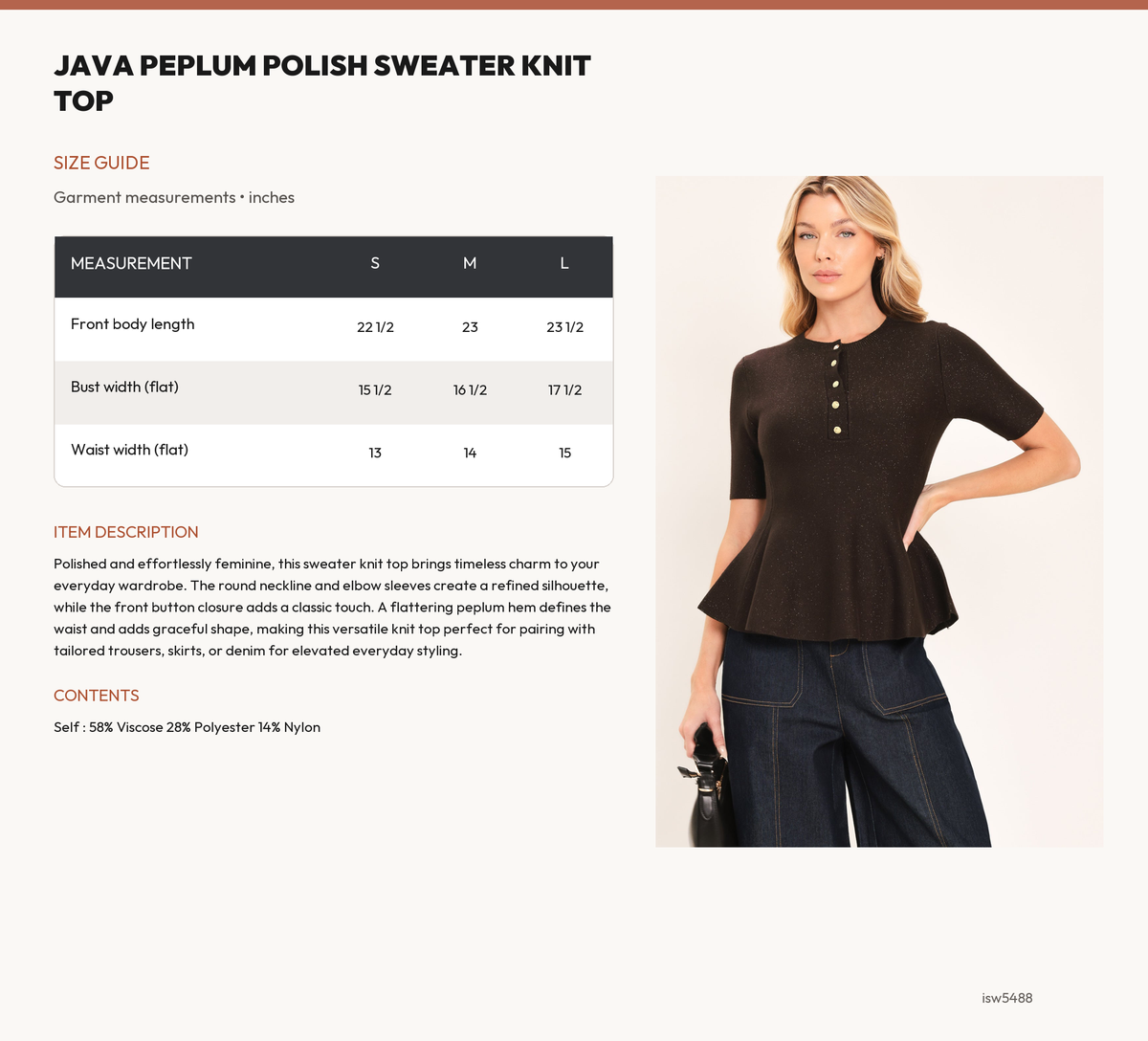 JAVA PEPLUM POLISH SWEATER KNIT TOP size chart