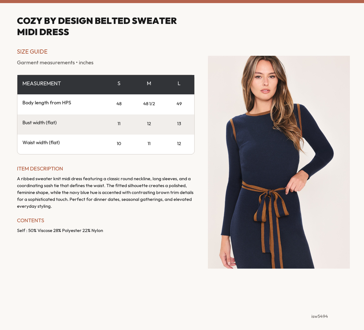 COZY BY DESIGN BELTED SWEATER MIDI DRESS size chart