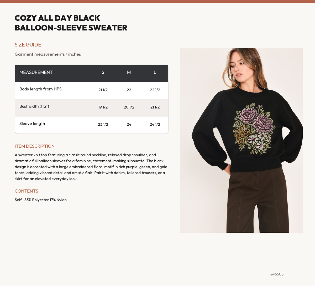 COZY ALL DAY BLACK BALLOON-SLEEVE SWEATER size chart