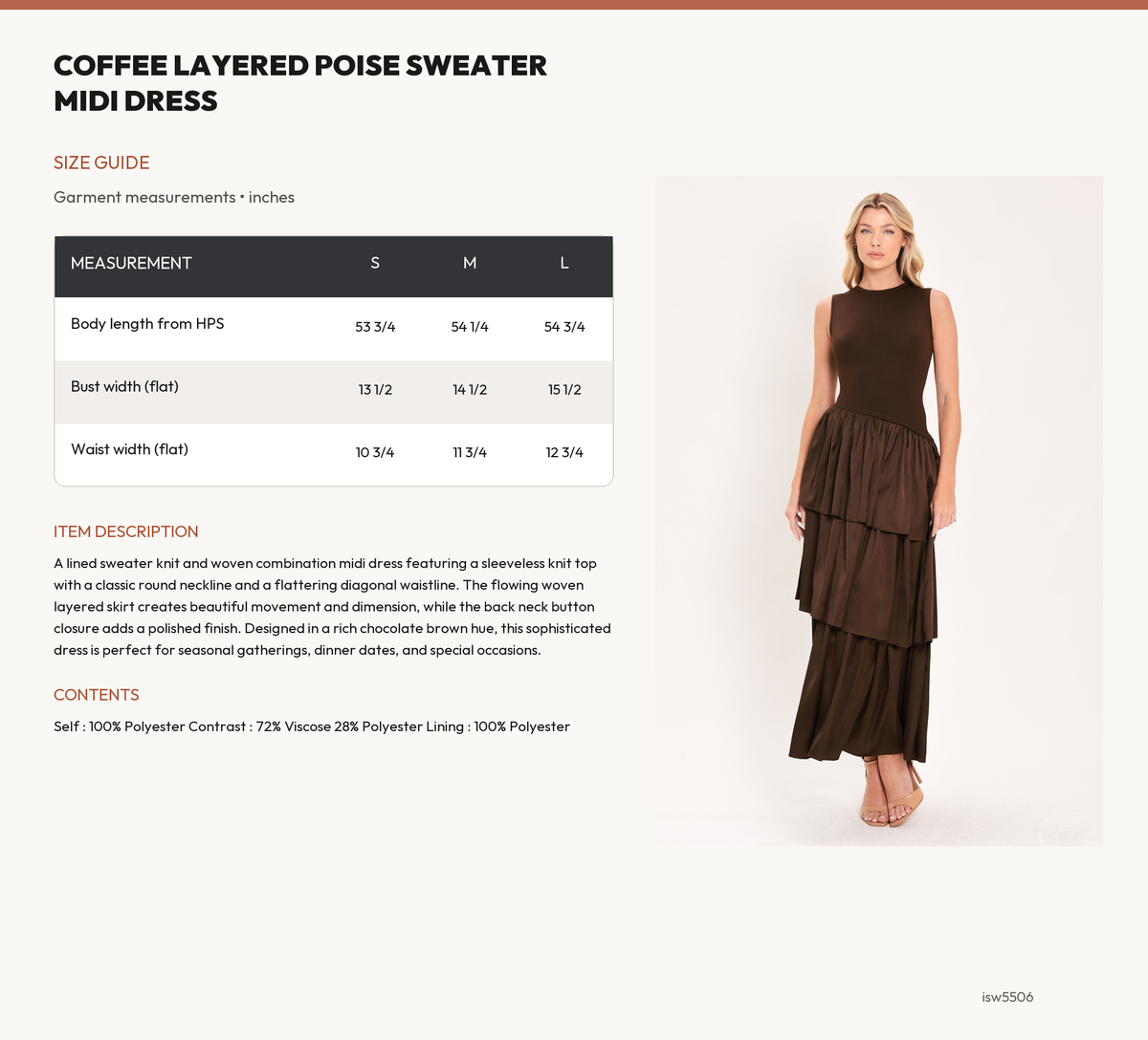 COFFEE LAYERED POISE SWEATER MIDI DRESS size chart