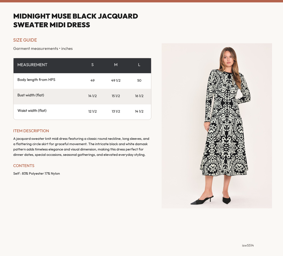 MIDNIGHT MUSE BLACK JACQUARD SWEATER MIDI DRESS size chart