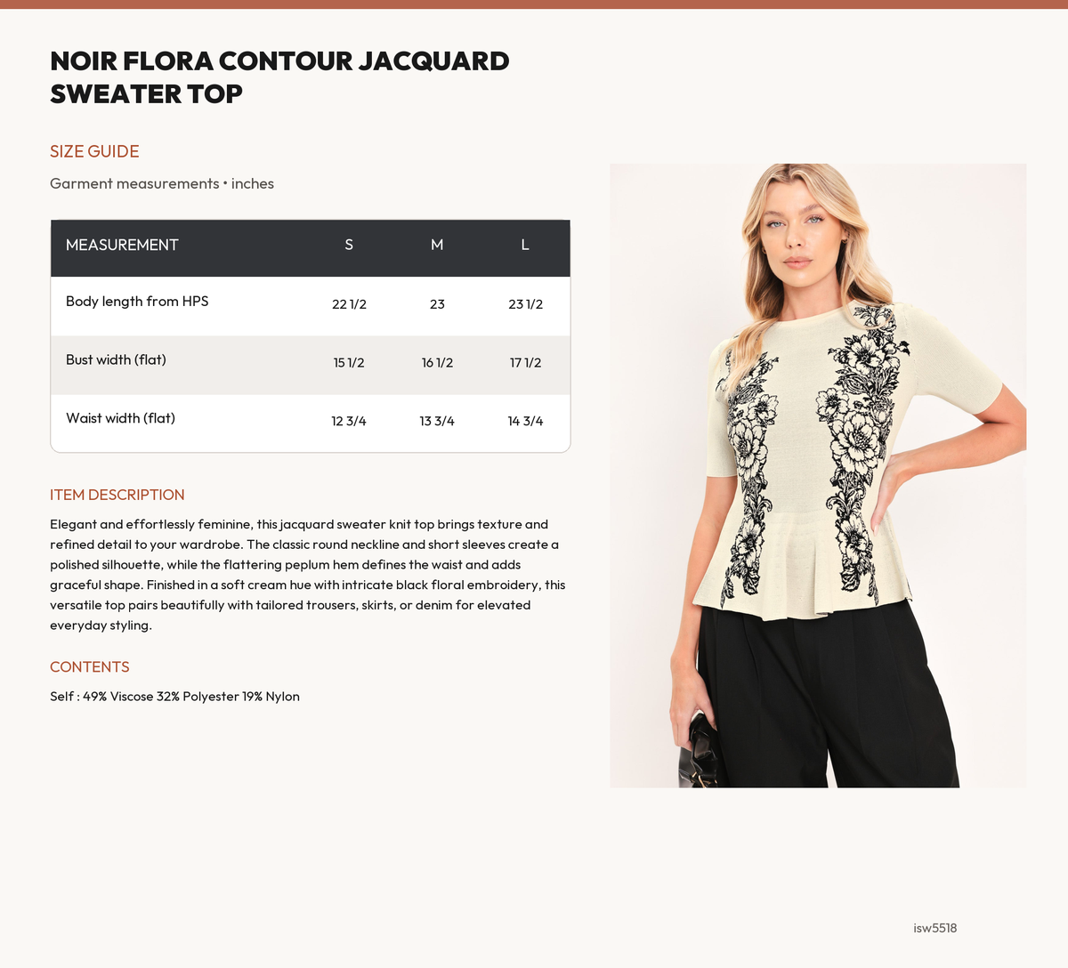 NOIR FLORA CONTOUR JACQUARD SWEATER TOP size chart