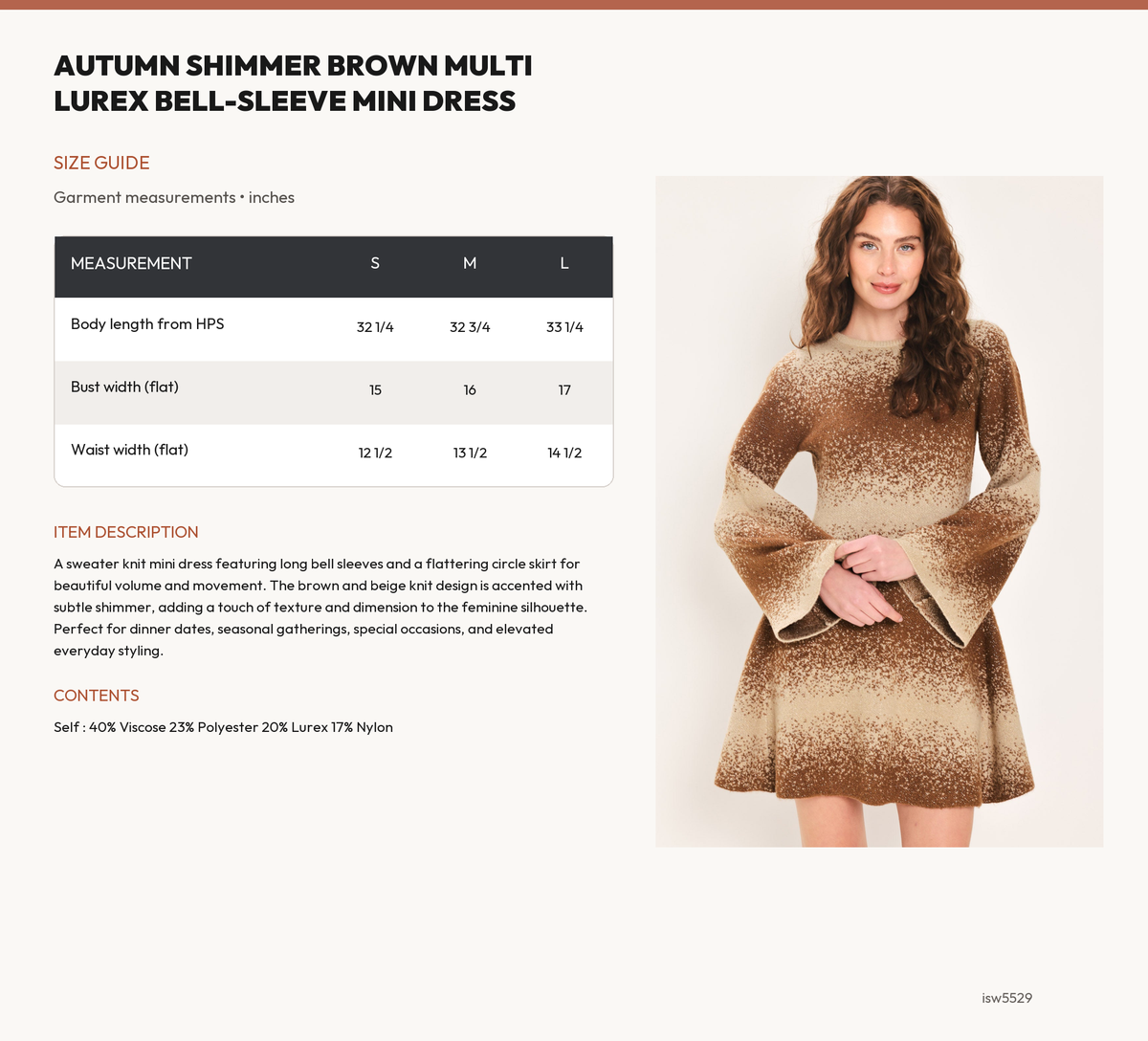 AUTUMN SHIMMER BROWN MULTI LUREX BELL-SLEEVE MINI DRESS size chart