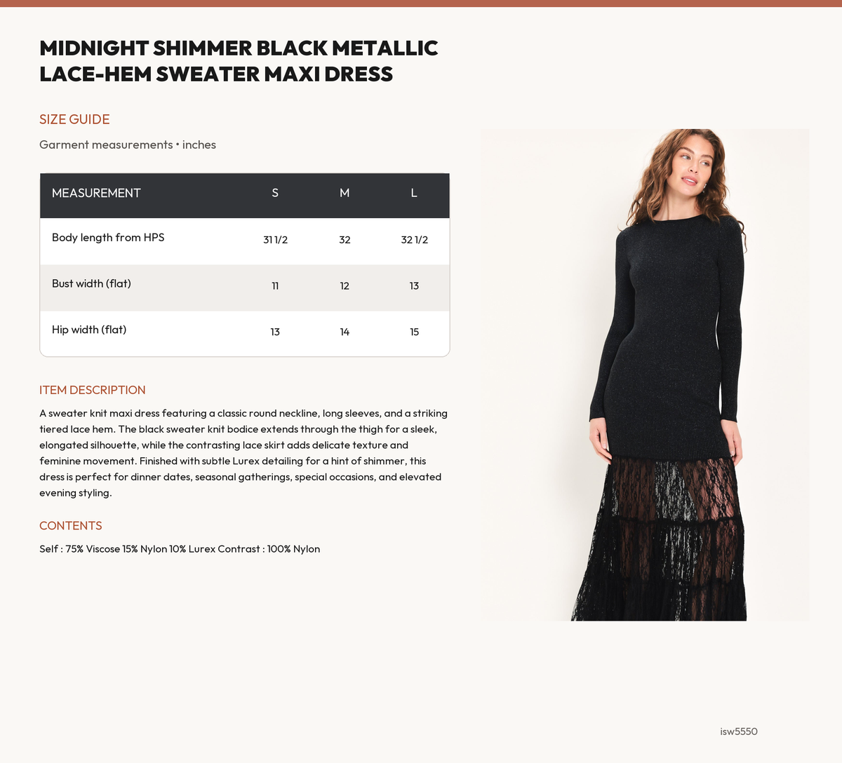 MIDNIGHT SHIMMER BLACK METALLIC LACE-HEM SWEATER MAXI DRESS size chart