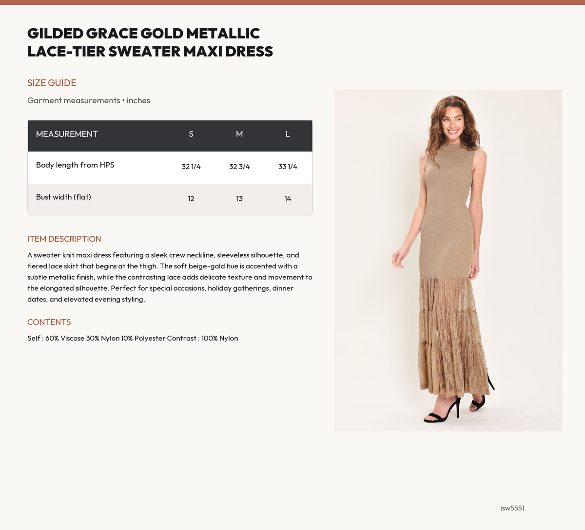 GILDED GRACE GOLD METALLIC LACE-TIER SWEATER MAXI DRESS size chart