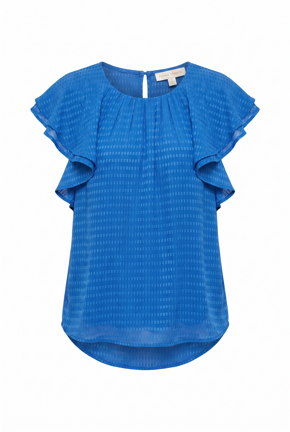 A bright blue short-sleeve blouse with a textured, dotted pattern and ruffled cap sleeves, shown against a plain white background.