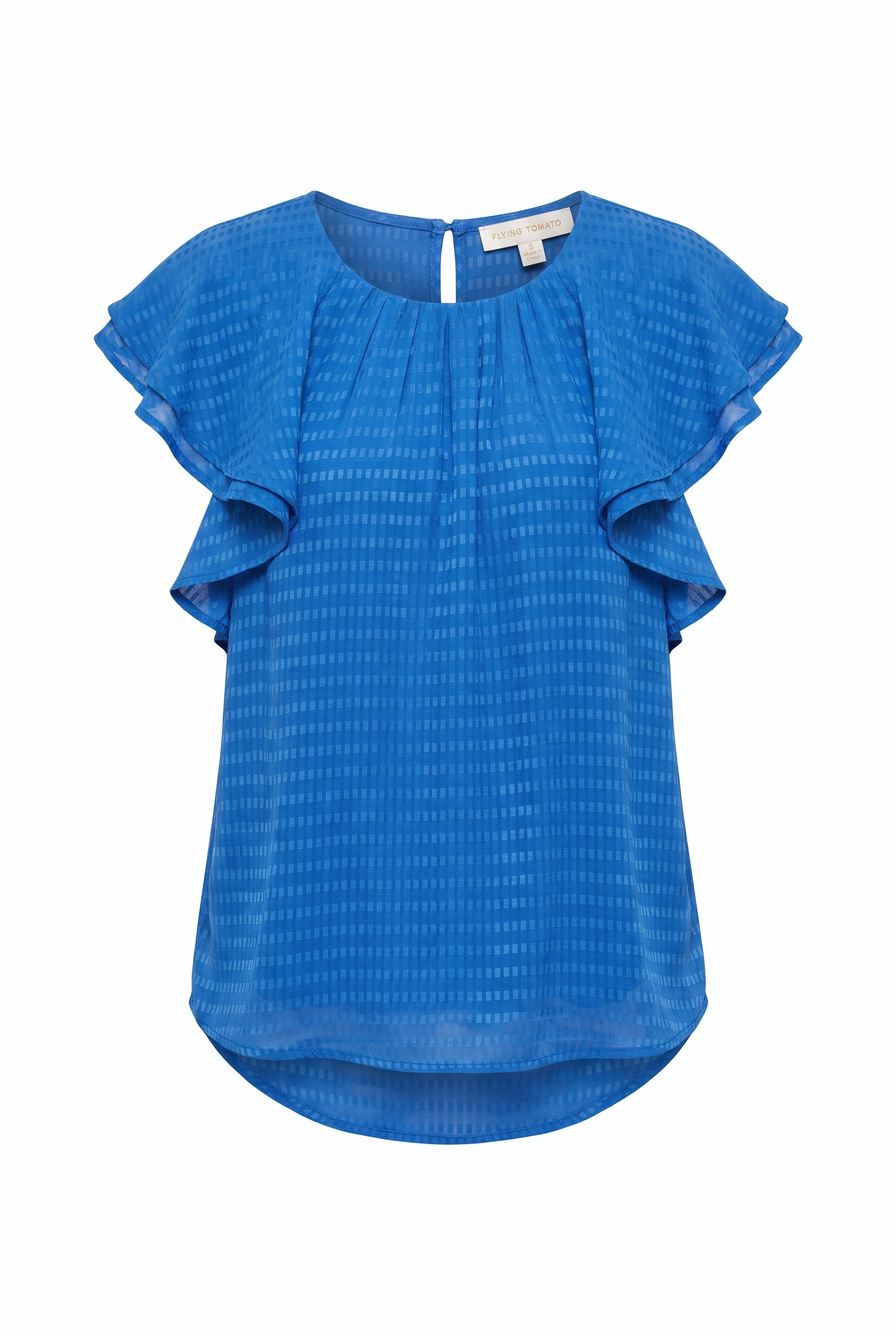A bright blue short-sleeve blouse with a textured, dotted pattern and ruffled cap sleeves, shown against a plain white background.