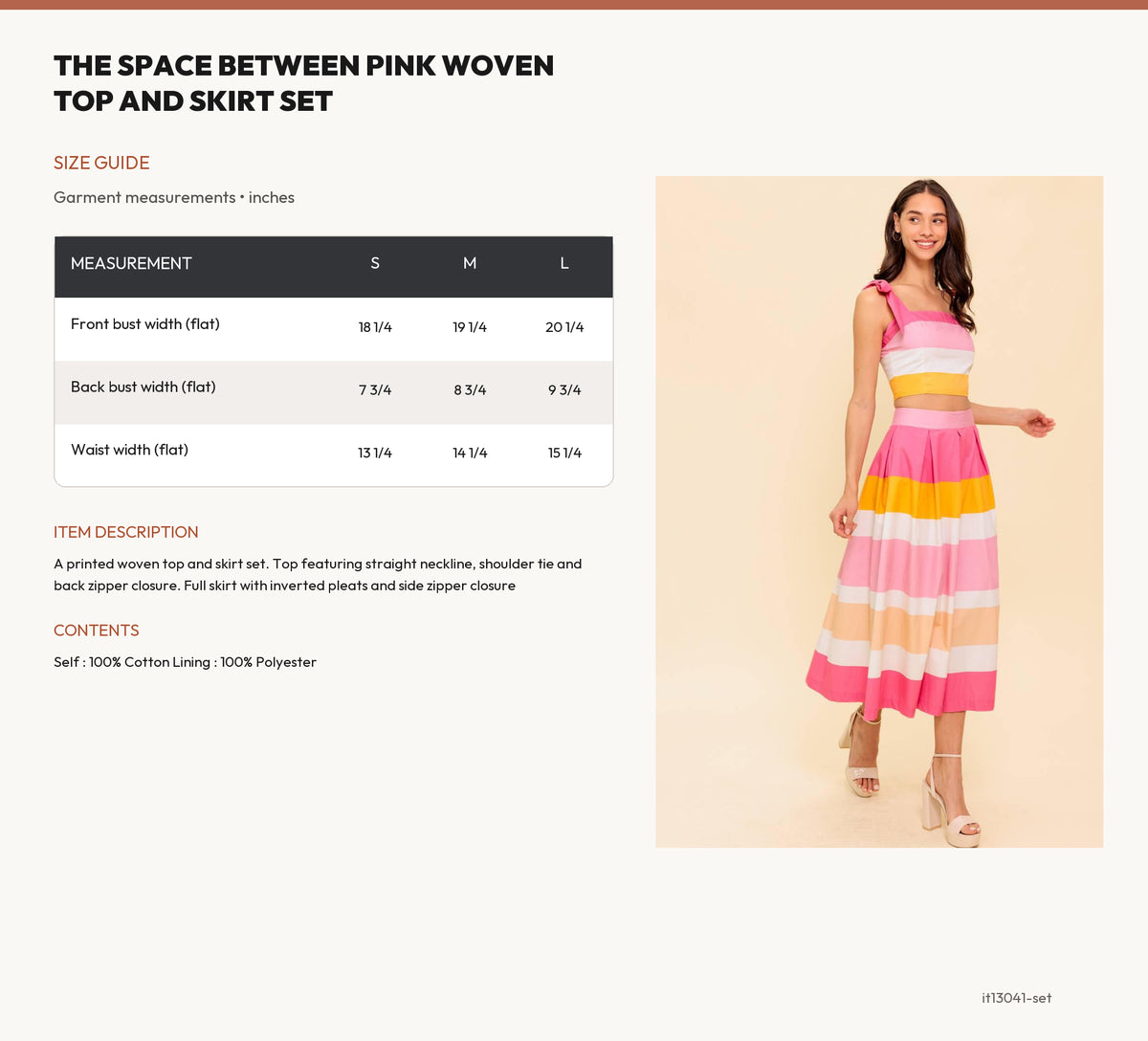 THE SPACE BETWEEN PINK WOVEN TOP AND SKIRT SET size chart