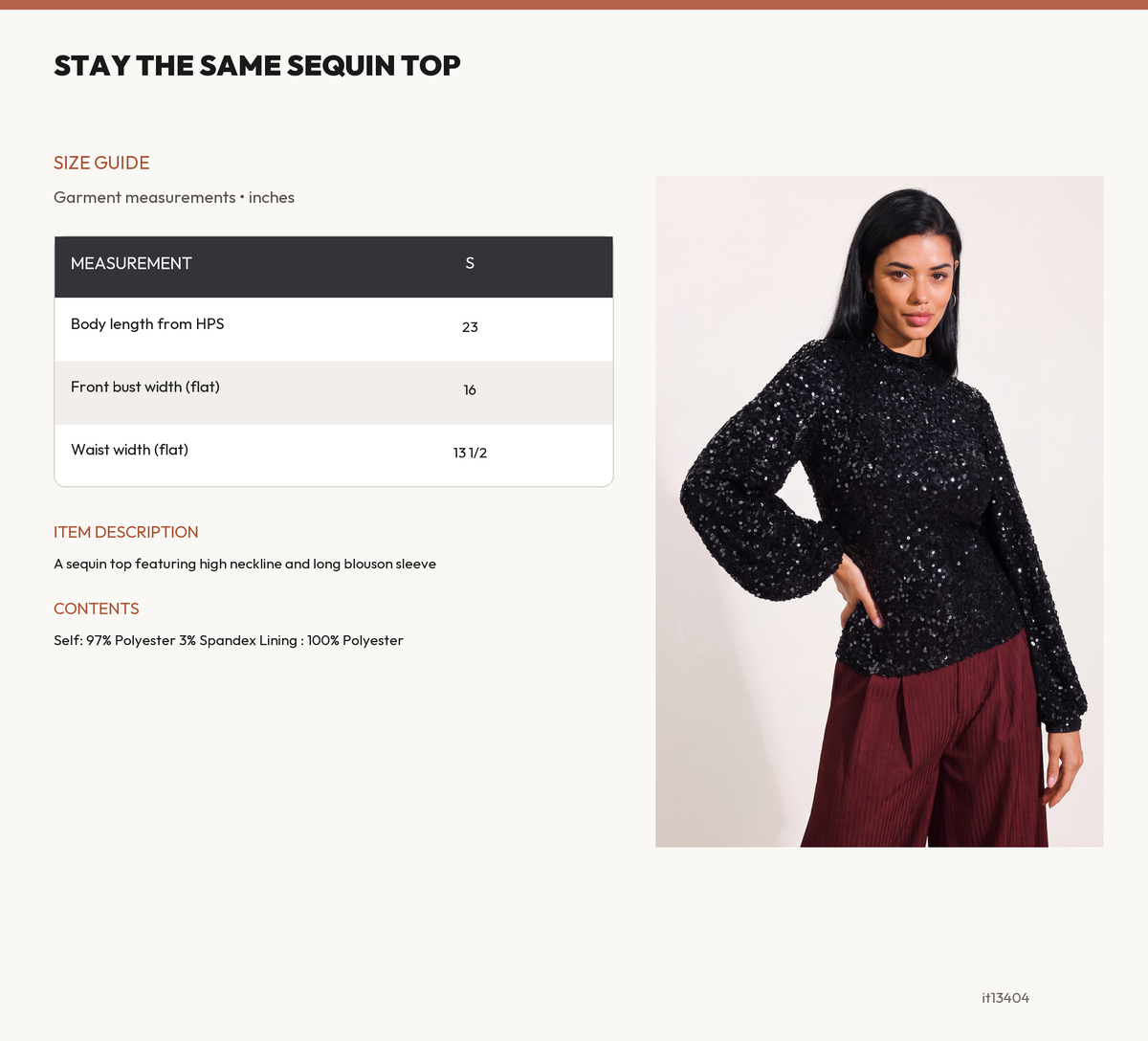 STAY THE SAME SEQUIN TOP size chart