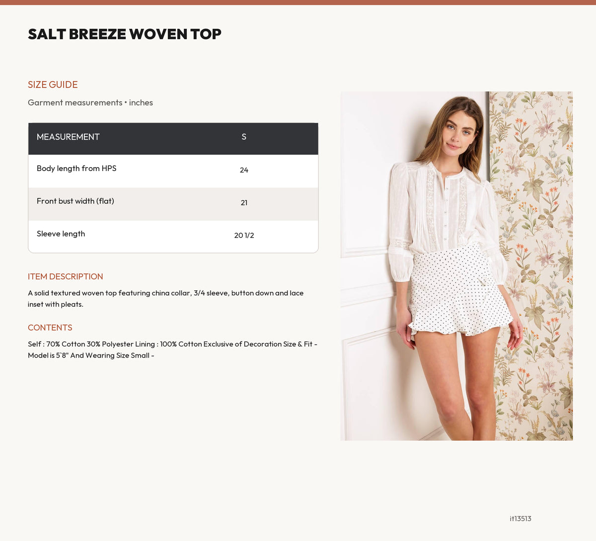 SALT BREEZE WOVEN TOP size chart