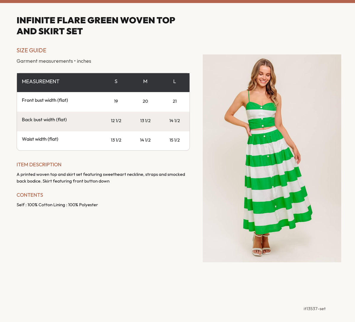 INFINITE FLARE GREEN WOVEN TOP AND SKIRT SET size chart