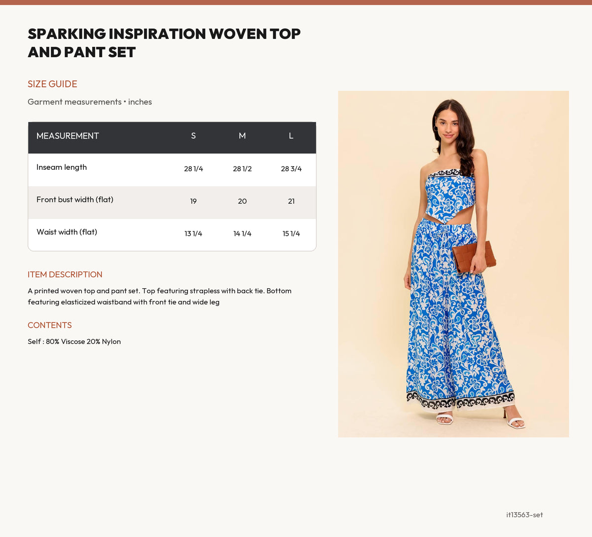 SPARKING INSPIRATION WOVEN TOP AND PANT SET size chart
