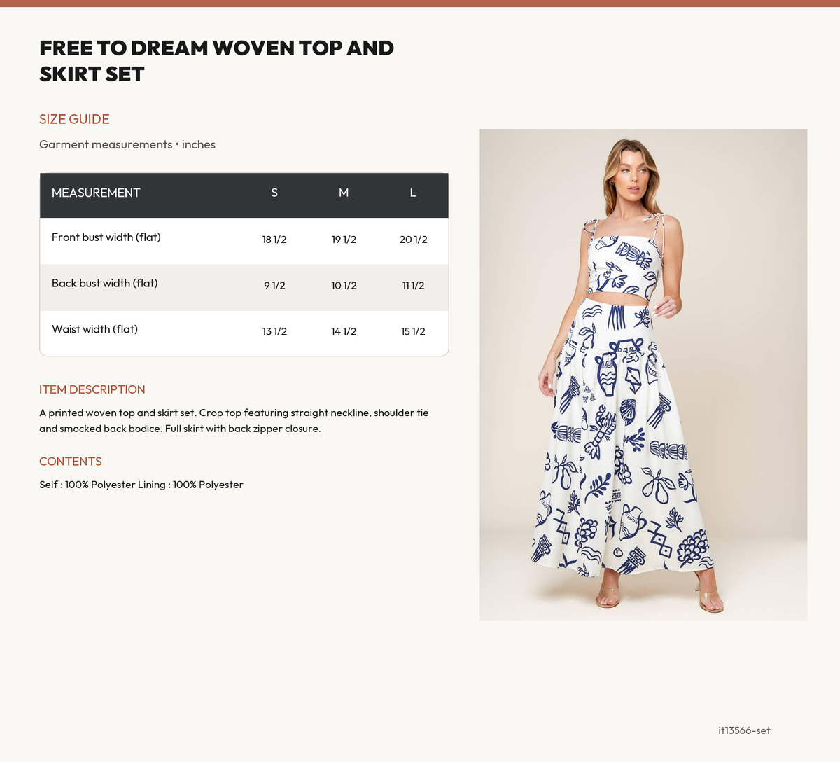FREE TO DREAM WOVEN TOP AND SKIRT SET size chart