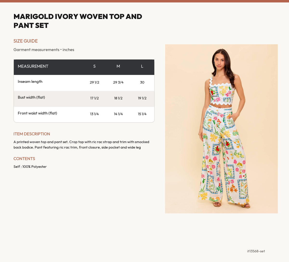 MARIGOLD IVORY WOVEN TOP AND PANT SET size chart