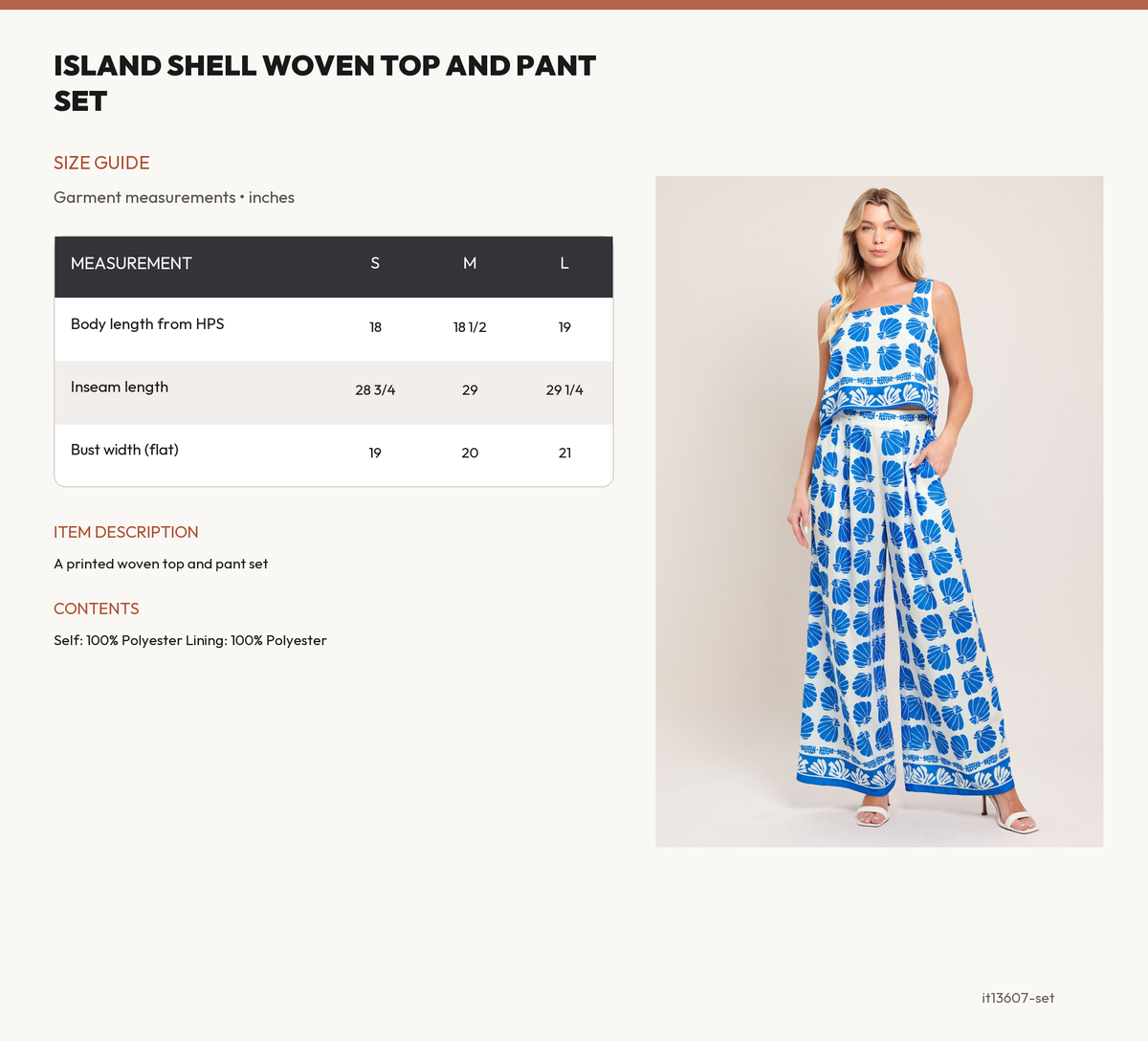 ISLAND SHELL WOVEN TOP AND PANT SET size chart