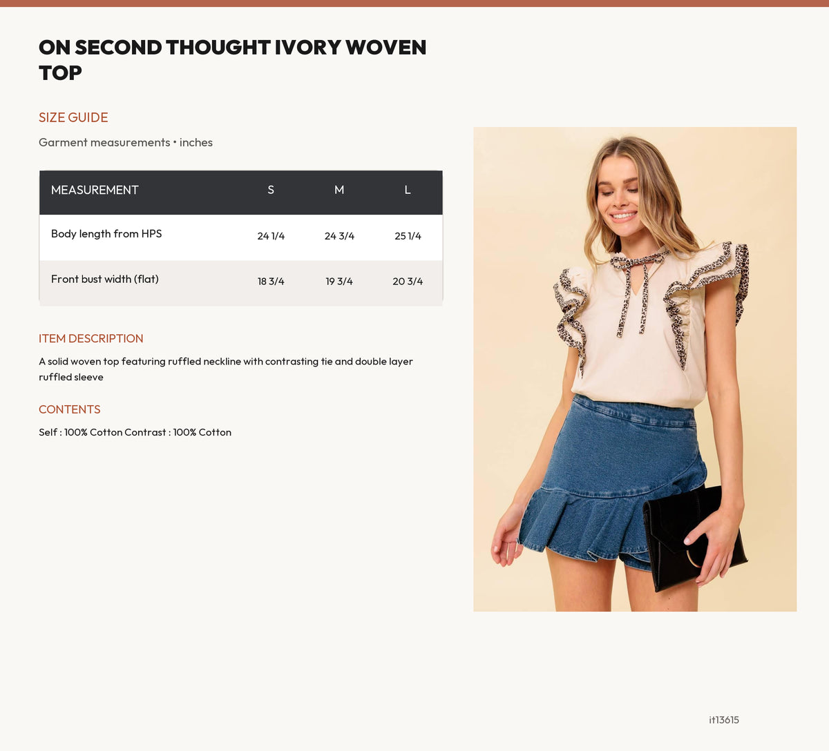 ON SECOND THOUGHT IVORY WOVEN TOP size chart