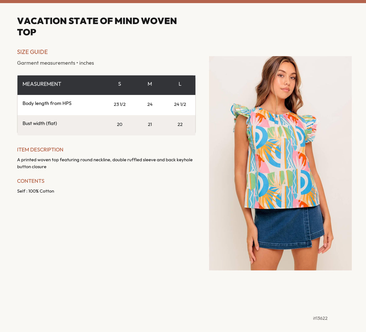 VACATION STATE OF MIND WOVEN TOP size chart