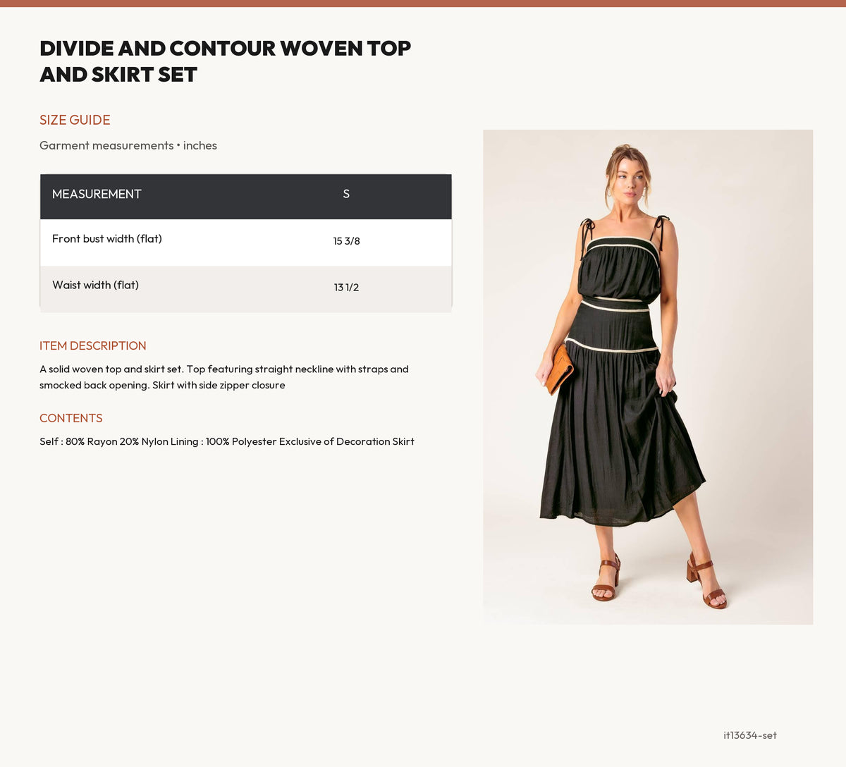 DIVIDE AND CONTOUR WOVEN TOP AND SKIRT SET size chart