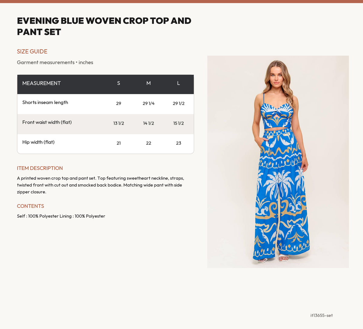 EVENING BLUE WOVEN CROP TOP AND PANT SET size chart