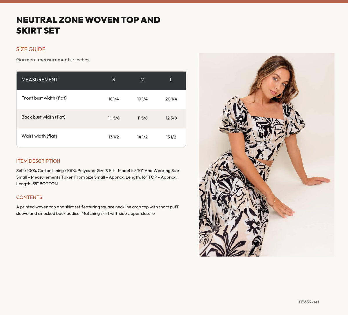 NEUTRAL ZONE WOVEN TOP AND SKIRT SET size chart