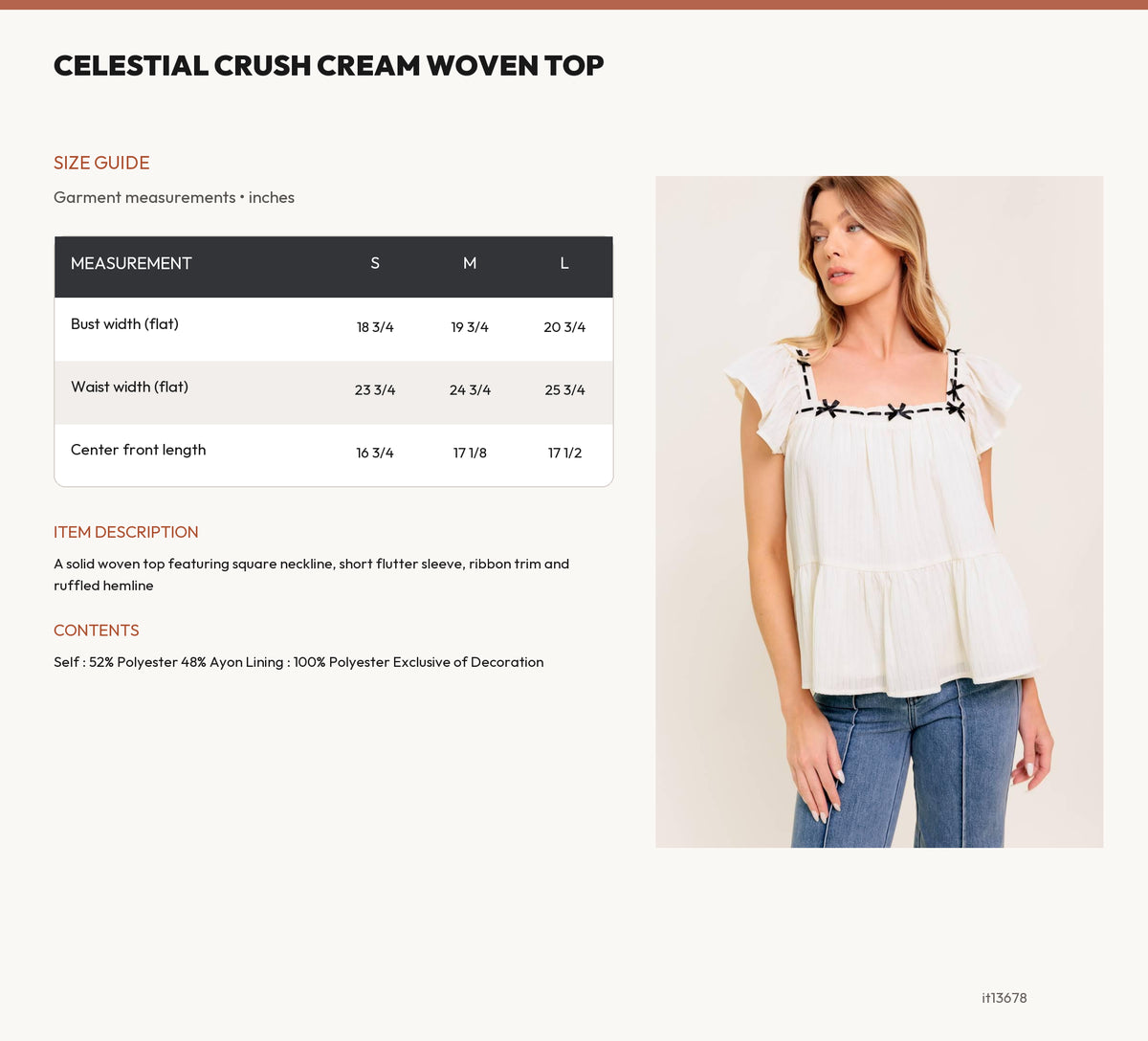 CELESTIAL CRUSH CREAM WOVEN TOP size chart