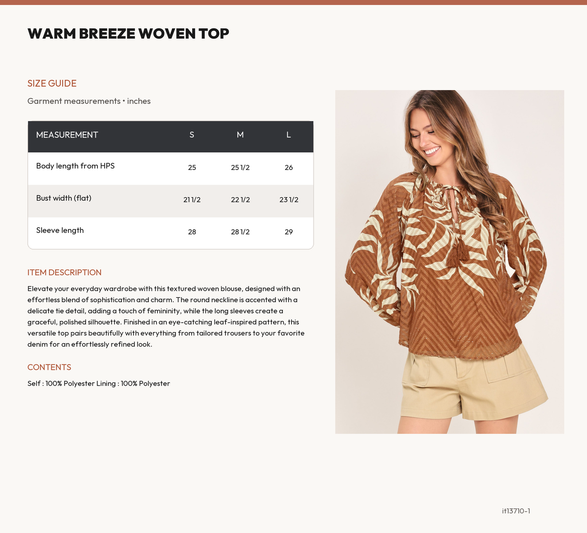WARM BREEZE WOVEN TOP size chart