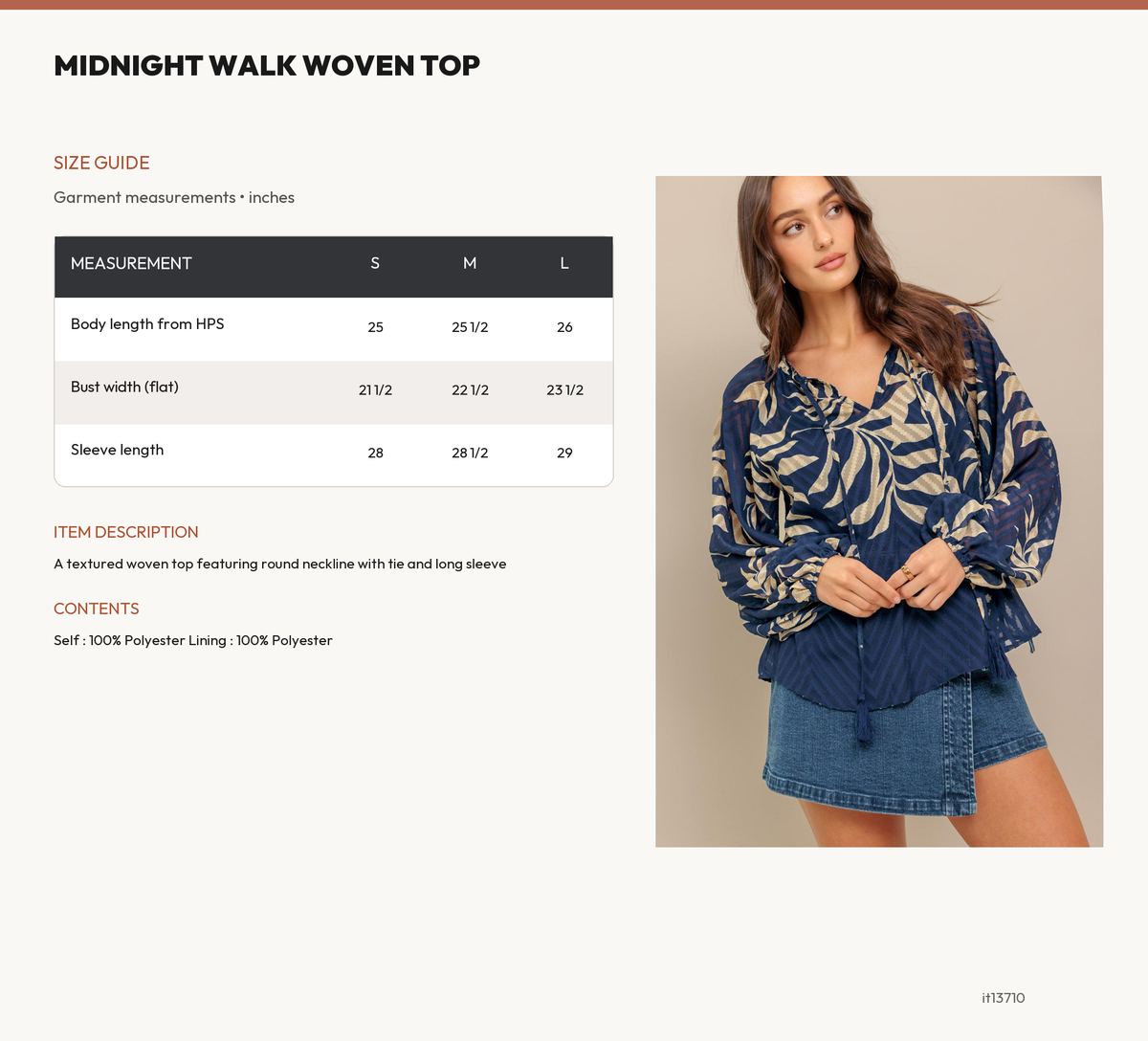 MIDNIGHT WALK  WOVEN TOP size chart