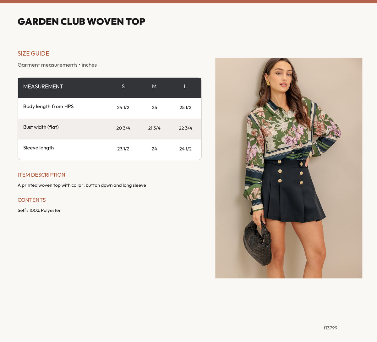 GARDEN CLUB  WOVEN TOP size chart
