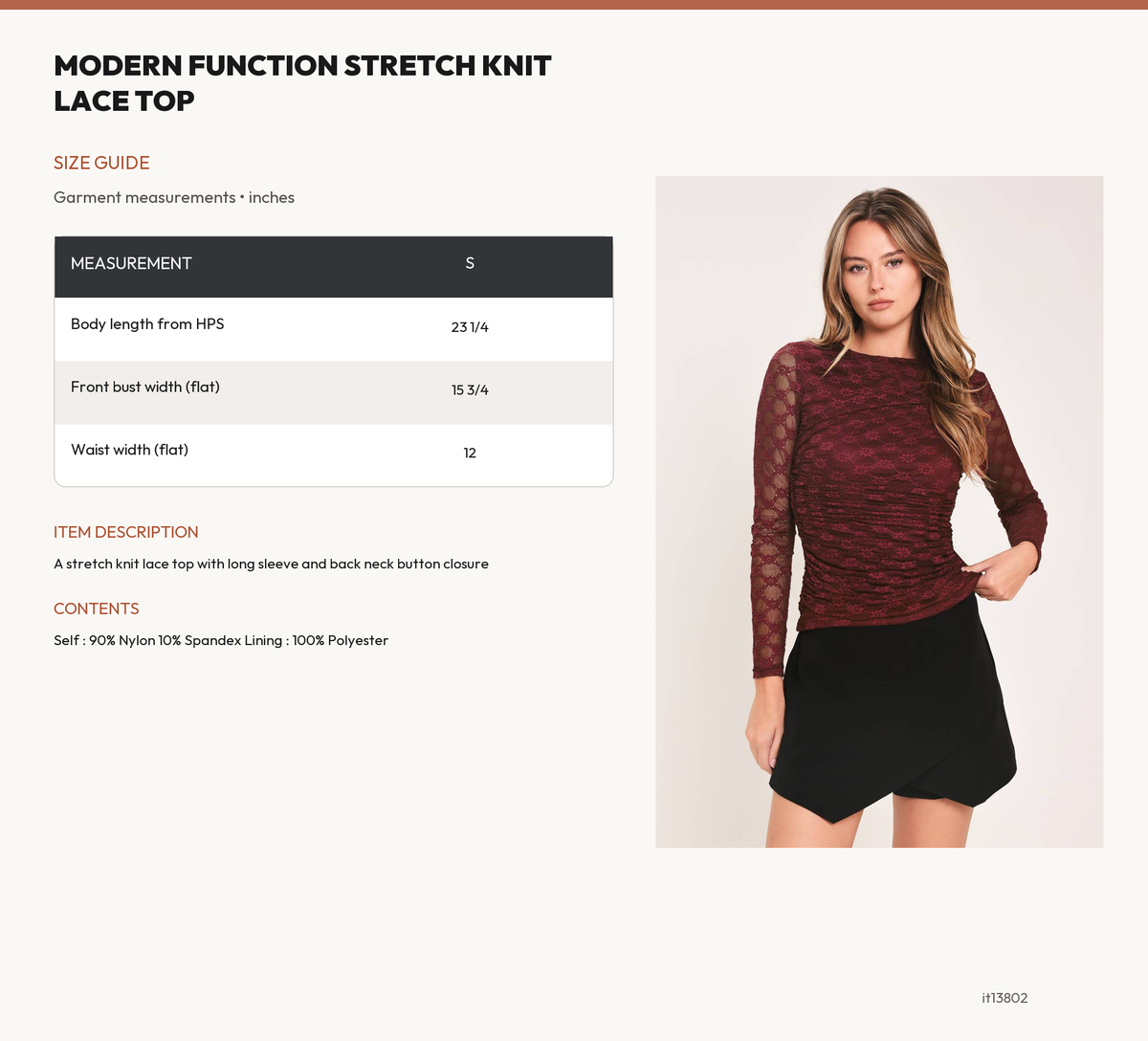 MODERN FUNCTION STRETCH KNIT LACE TOP size chart