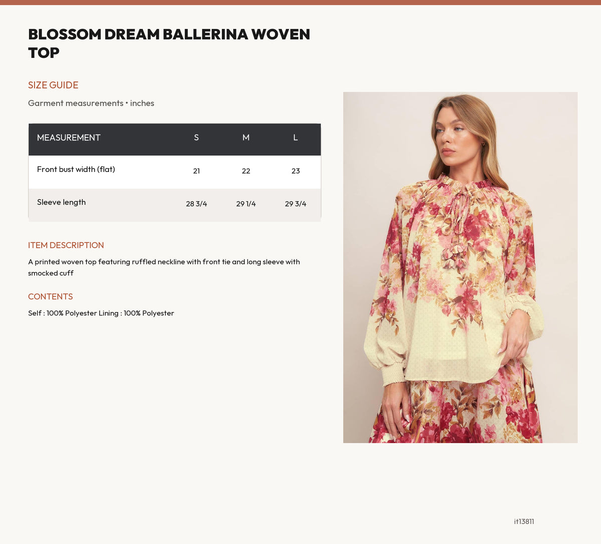 BLOSSOM DREAM BALLERINA WOVEN TOP size chart