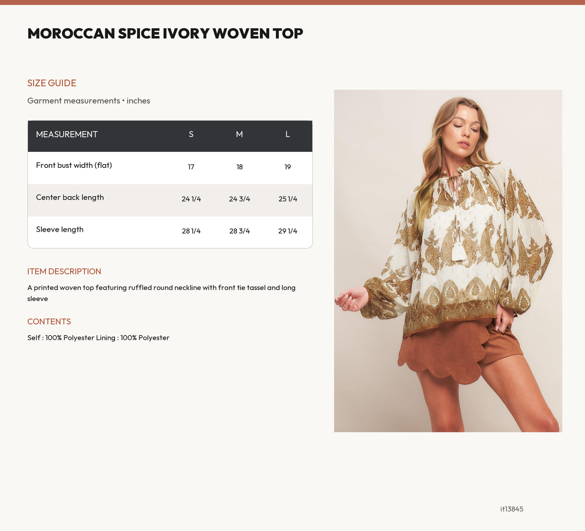 MOROCCAN SPICE IVORY WOVEN TOP size chart