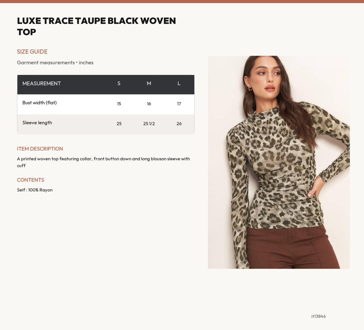 LUXE TRACE TAUPE BLACK WOVEN TOP size chart