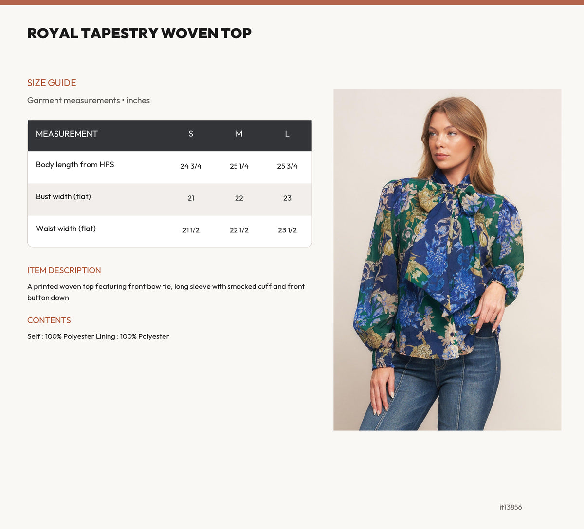 ROYAL TAPESTRY WOVEN TOP size chart
