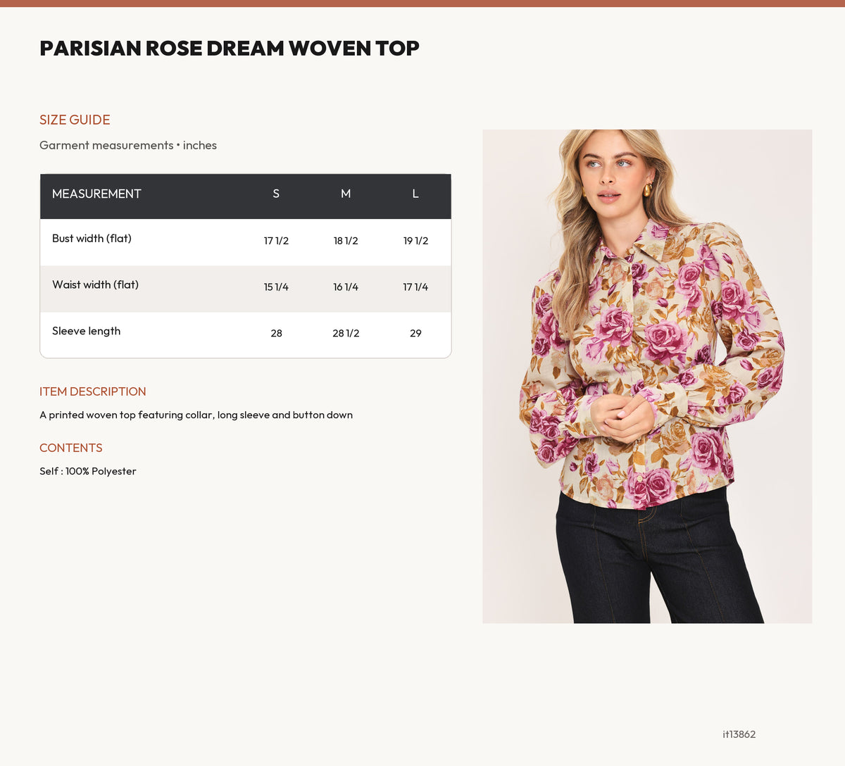 PARISIAN ROSE DREAM WOVEN TOP size chart