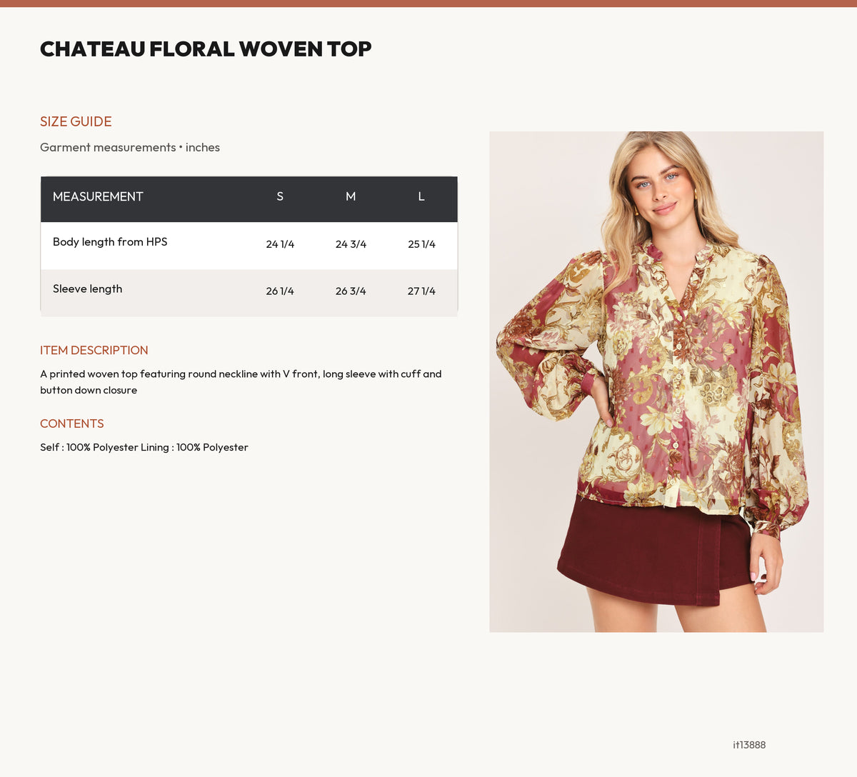 CHATEAU FLORAL WOVEN TOP size chart
