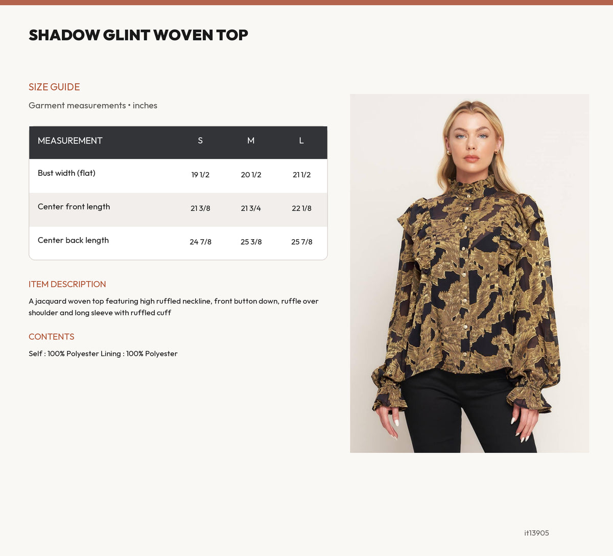 SHADOW GLINT WOVEN TOP size chart