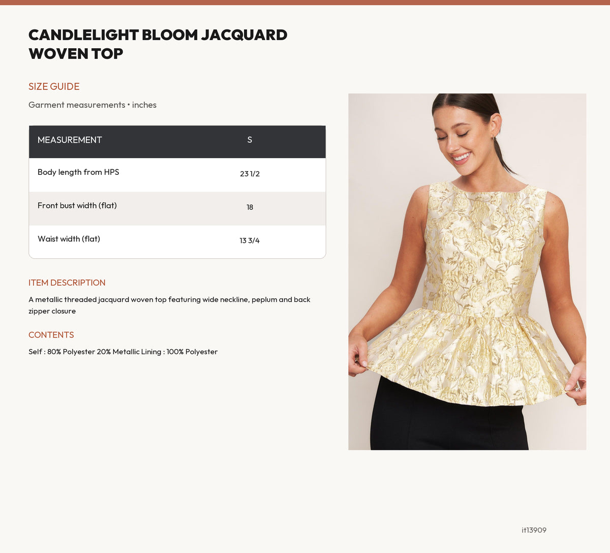 CANDLELIGHT BLOOM JACQUARD WOVEN TOP size chart