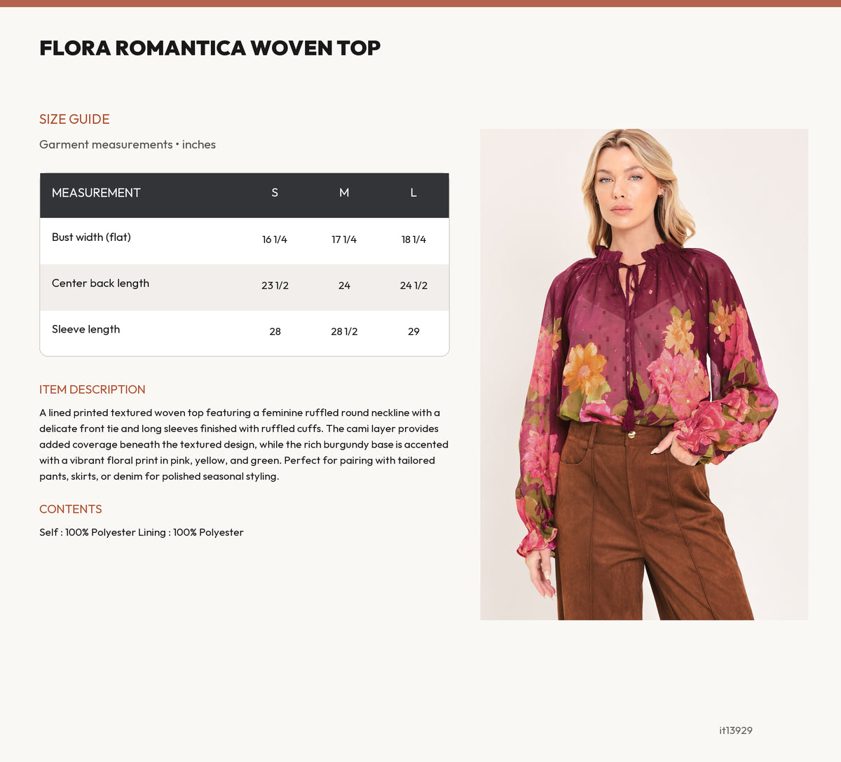 FLORA ROMANTICA WOVEN TOP size chart