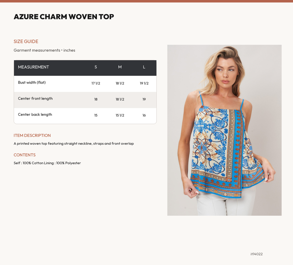 AZURE CHARM WOVEN TOP size chart