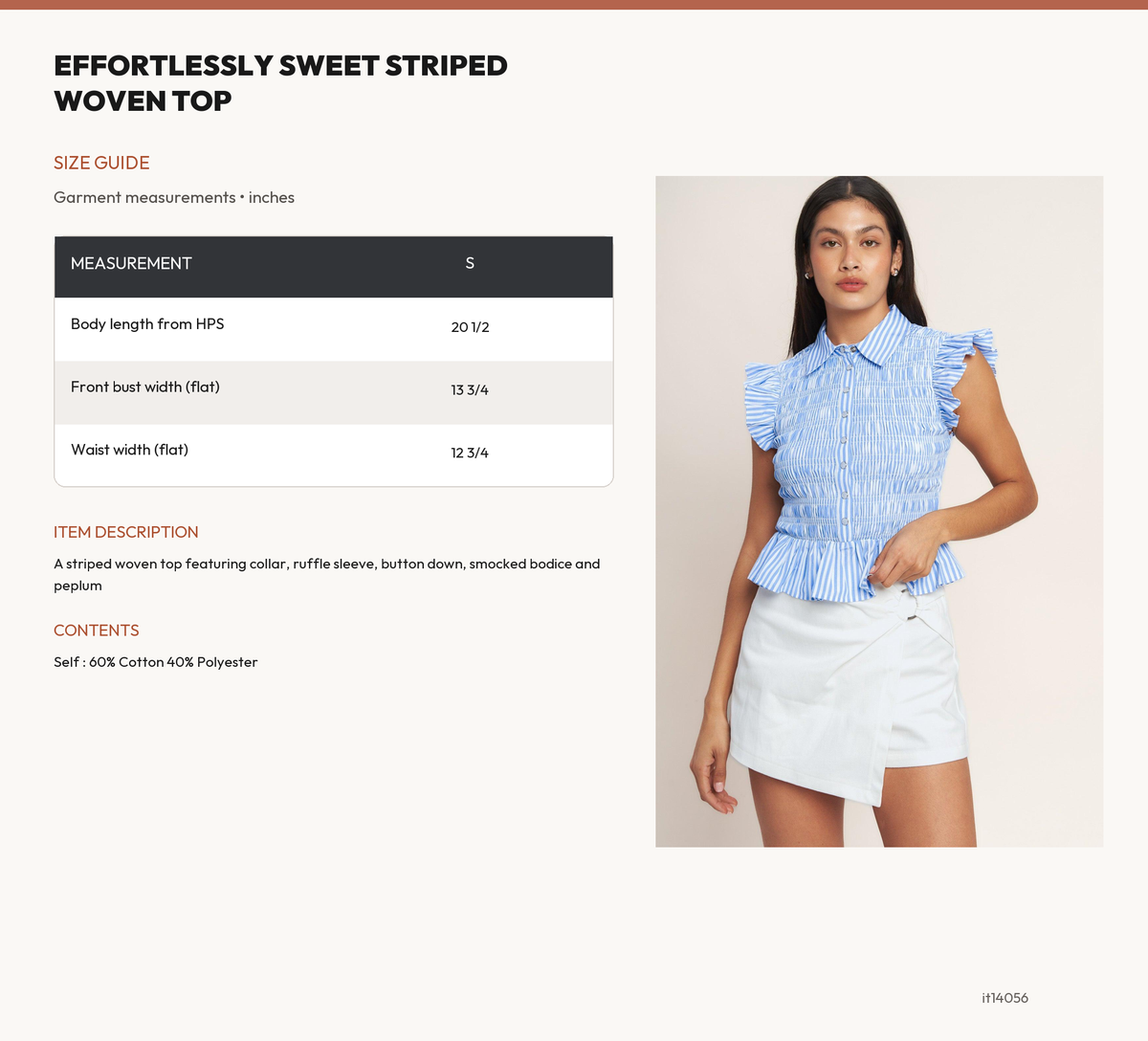 EFFORTLESSLY SWEET STRIPED WOVEN TOP size chart